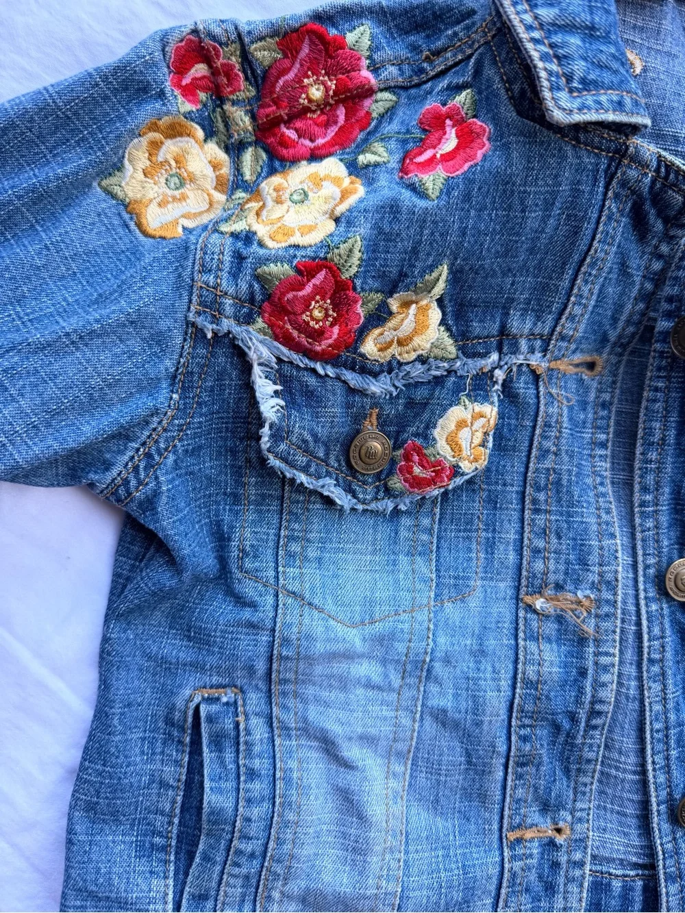 Celebrity Pink Blue Denim Jacket with Red & Yellow Floral Embroidery